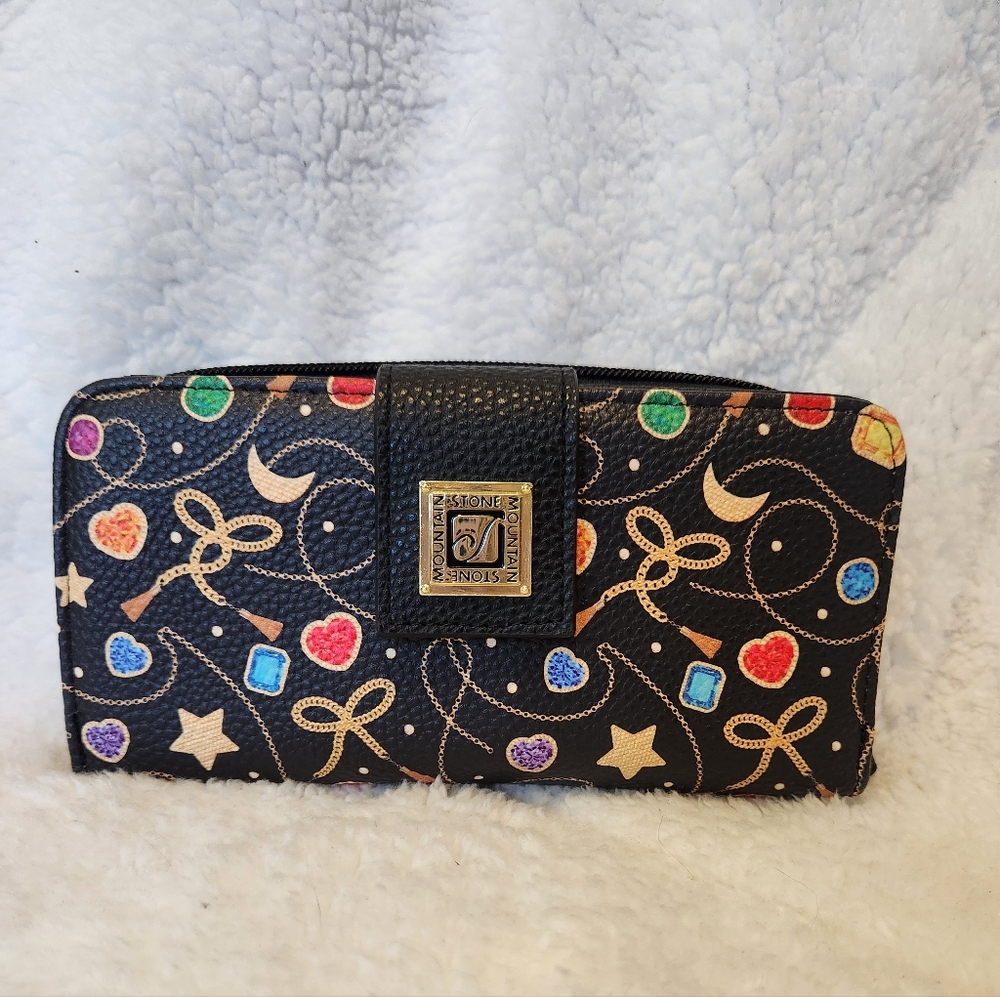 Stone Mountain Black bonded leather Clasp wallet Bows Charms Moons Stars